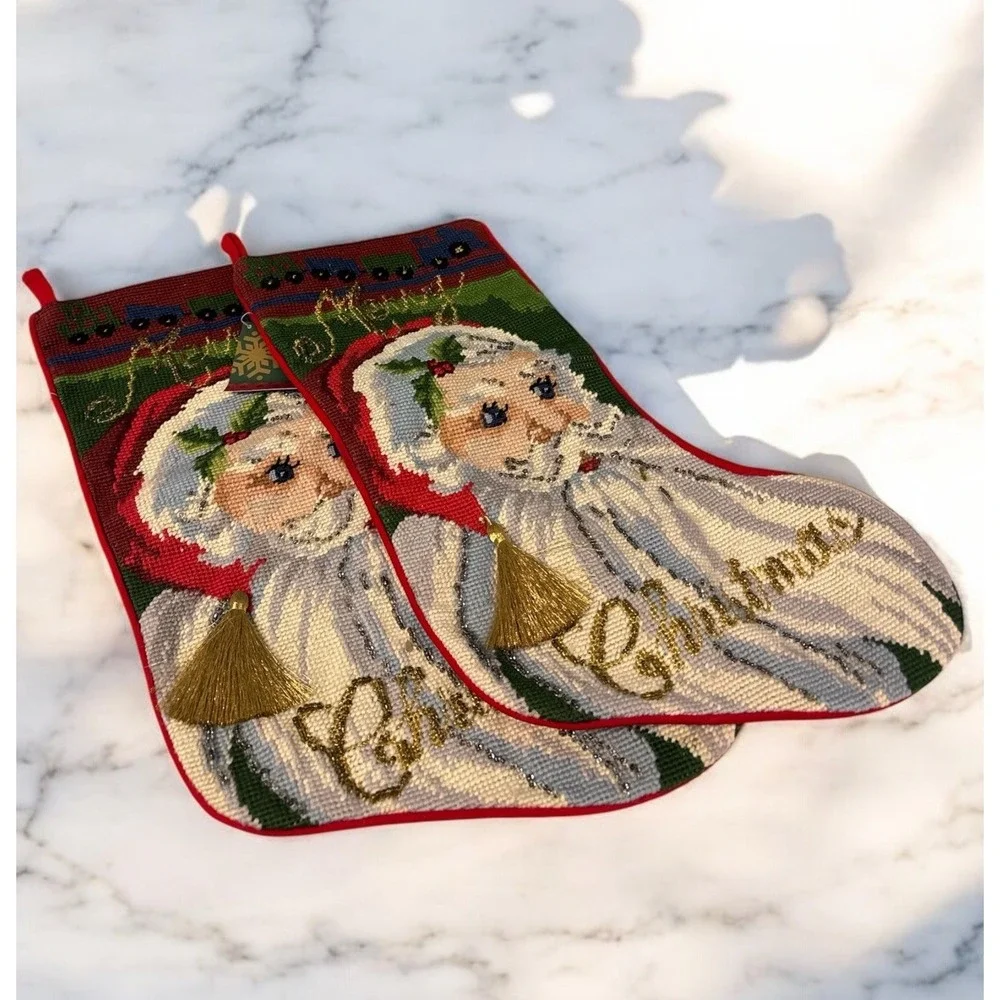 2 x Vintage‎ Y2K Santa Hand Knot Needlepoint Stocking W/ Beading Velvet Back NWT
